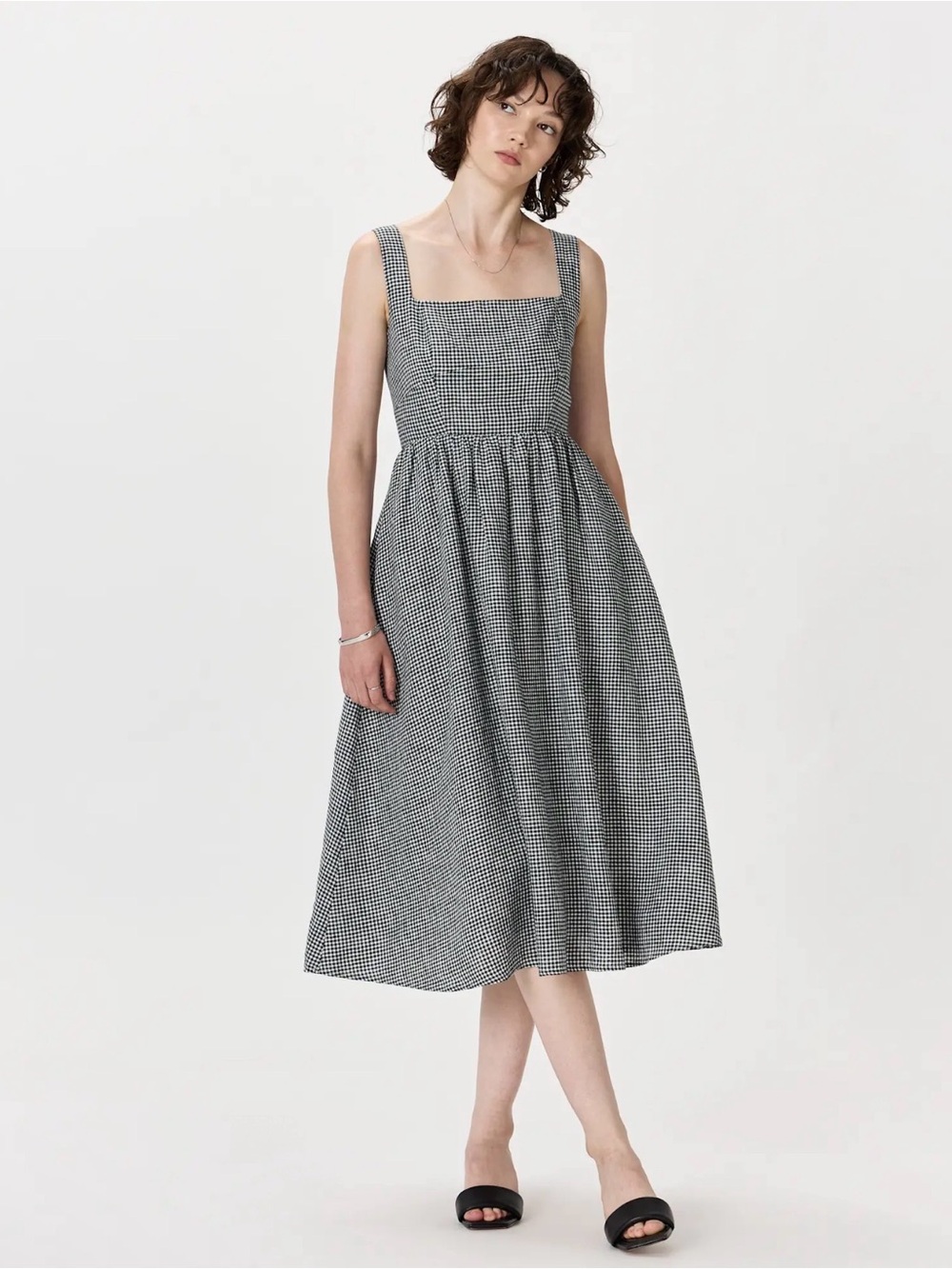 Quince European Linen Fit and Flare Midi Dress in Black Mini Gingham Size Large